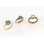 Three rings, one single stone diamond, size L, Edwardian cluster, Size M and aquamarine dress