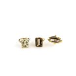 Three vintage cocktail rings, one with step cut smoky quartz in 18 ct gold mount, ring size J