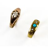 Edwardian turquoise and pearl ring, set in 15 ct yellow gold, size J and a late Victorian old cut