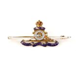 Royal Artillery an early 20th C sweetheart brooch, set with small diamonds and enamel, with motto