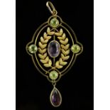 Edwardian pendant set with stones in colours of the Suffragette Movement, openwork design with