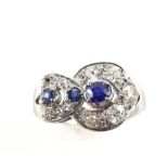 Art Deco period cocktail ring set with old cut diamonds and synthetic sapphires in 18 ct white gold,