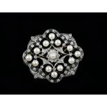 Belle Epoque pendant brooch, set with rose cut diamonds and thirteen white pearls, mounted testing