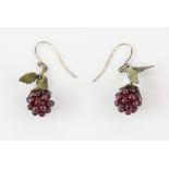 Michael Michaud, pair of blackberry garnet earrings with enamelled bronze leaves and French wire