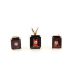 Gold garnet and diamond earrings and pendant; each square cut garnet is four-claw set with a bezel