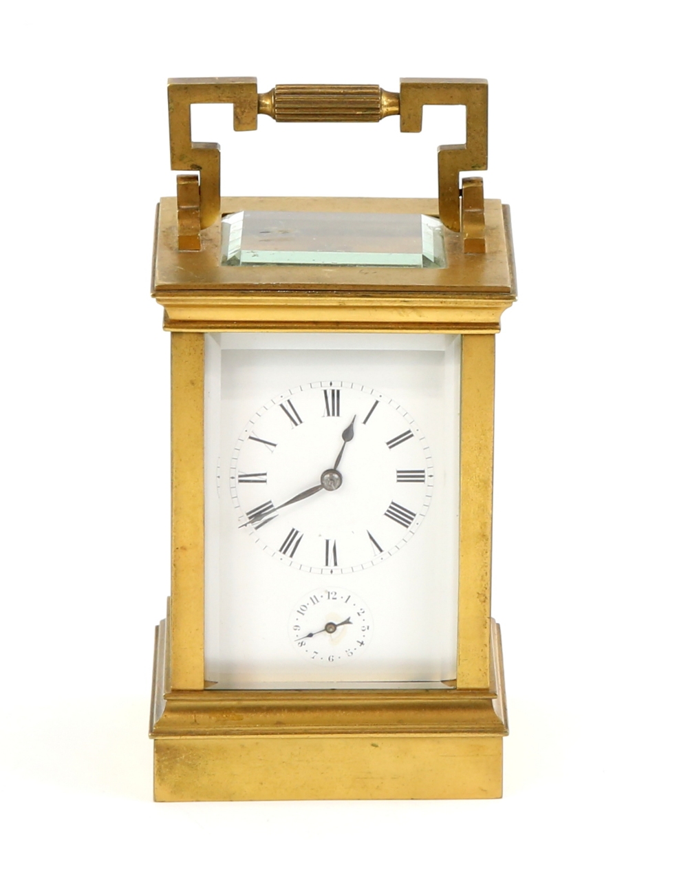 Early 20th century French brass carriage clock with alarm, the white enamel face with Roman numerals