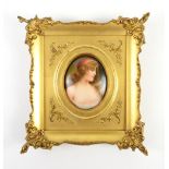 19th century German Hutschenreuther hand painted oval porcelain plaque depicting a young beauty,