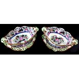 Pair of early 19th Century Spode oval baskets on stands with associated trays, pierced borders,