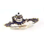 19th Century Dresden ink stand with deep blue border highlighted in gilt, central painted