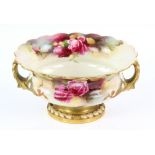 Royal Worcester twin handled vase painted with roses, signed C.V. White, highlighted in gilt on