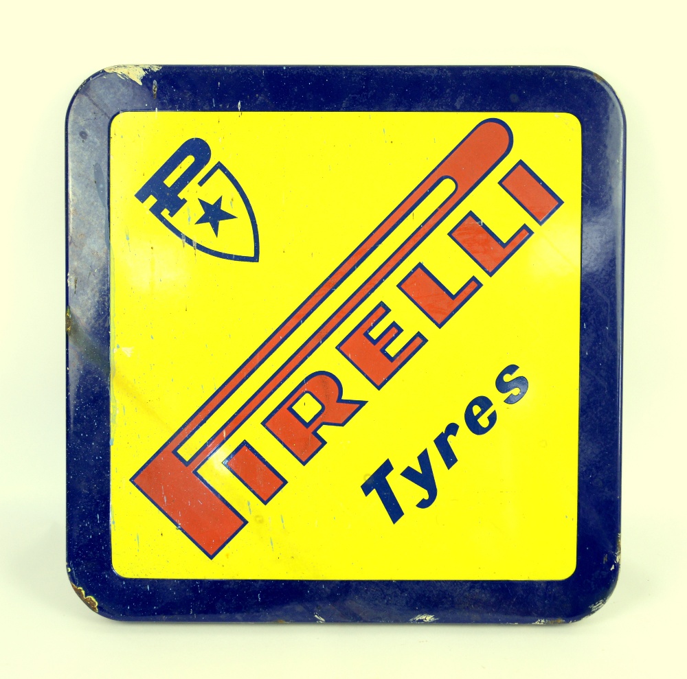 Pirelli tyres enamelled advertising sign, 46cm square,. Please see ewbanks.co.uk for condition