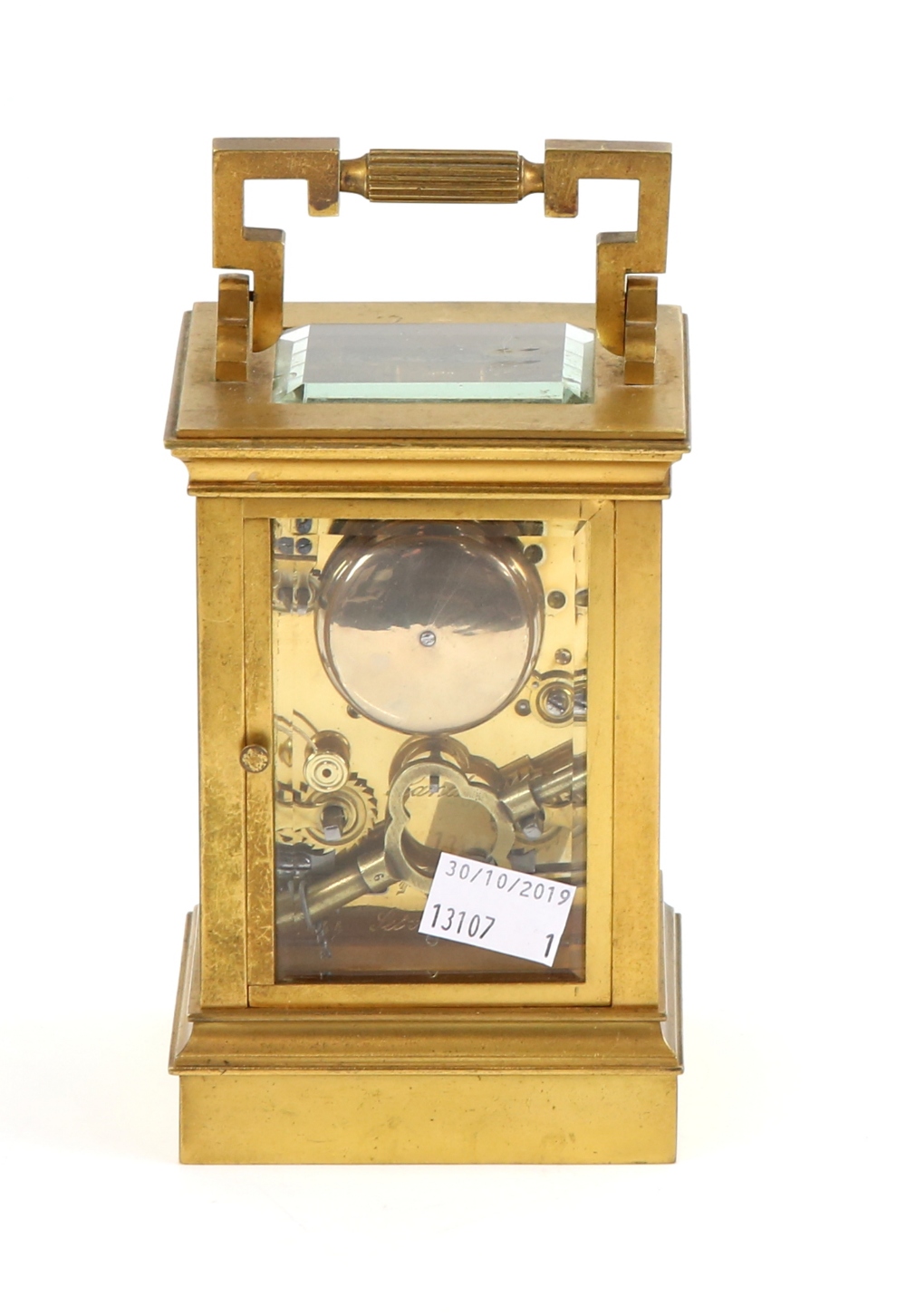 Early 20th century French brass carriage clock with alarm, the white enamel face with Roman numerals - Image 3 of 3