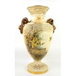 19th century Royal Worcester style blush ivory vase with rams head handles decorated with birds