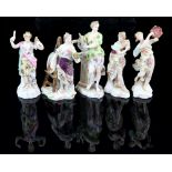 Set of five 19th Century Dresden figures representing the arts, various makers marks to base, each