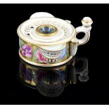 Early 19th Century Coalport drum form inkwell with integral quill and taper holder, painted with