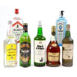 Mixed lot of spirits to include, 2 bottles Black & White Scotch whisky, Gin and Cognac, (7).