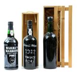 Three bottles of port to include one bottle of Croft 1966 vintage in open wooden case, one bottle of