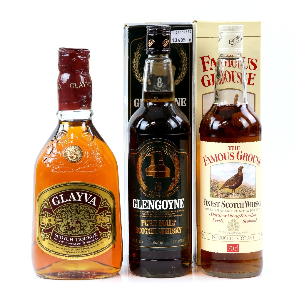 Glengoyne 8 year old single malt scotch whisky 75cl; Famous Grouse 70cl and Glayva Scottish