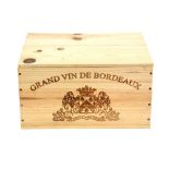 Six bottles of Chateau Les Eyquem Bordeaux red wine, sealed in original wooden box, unknown