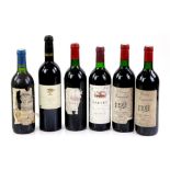 Six bottles of red wine to include two bottles of Chateau Legarde Bordeaux 1988 vintage, one