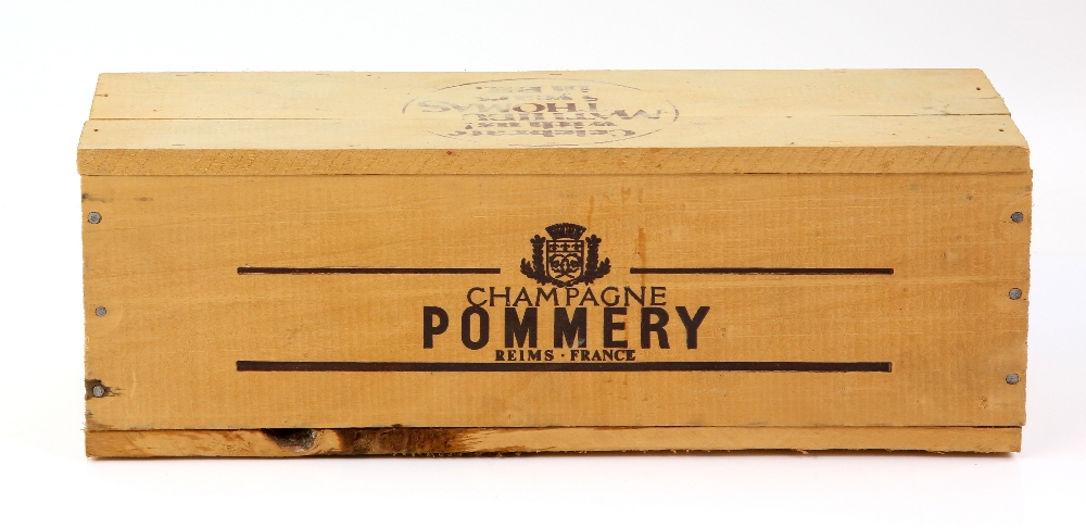 Bottle of Pommery champagne in sealed wooden crate.. Believed Magnum, no vintage displayed, in - Image 2 of 2