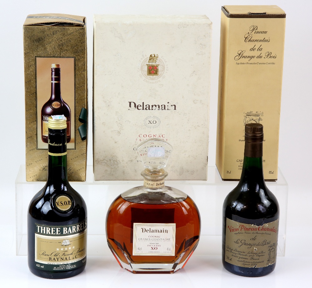 Delamain Xo Cognac 700ml, la Grange du Bois 700ml, Three Barrels five star 700ml, all boxed (3).