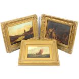 Four 19th century oils including a seascape with boat, unsigned, oil on canvas, and three others,