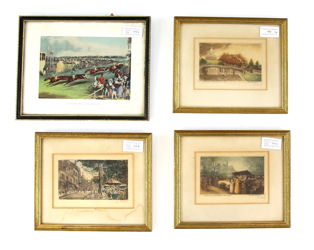 Three small Parisian scenes, framed, along with a golfing print, hunting print and a picture of - Image 6 of 6