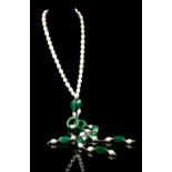 Flapper girl style pendant necklace of pearls green chalcedony and silver .