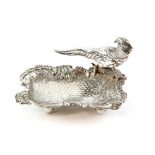 Victorian novelty pheasant mounted dish with hammered finish and scrolled border, 76 grams import