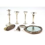 Selection of silver items to include an Art Nouveau hand held mirror decorated with a variety of