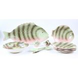 Shorter & Son fish service, with large serving platter, plates and salt and pepper shakers,.