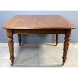19th century mahogany dining table on ring turned supports, extending to receive two leaves 197cm