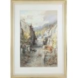 English watercolour, street scene with donkey, framed.