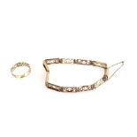 Gold openwork panel bracelet and a gold knot ring, ring size P, both marked for 9 ct gold. CONDITION
