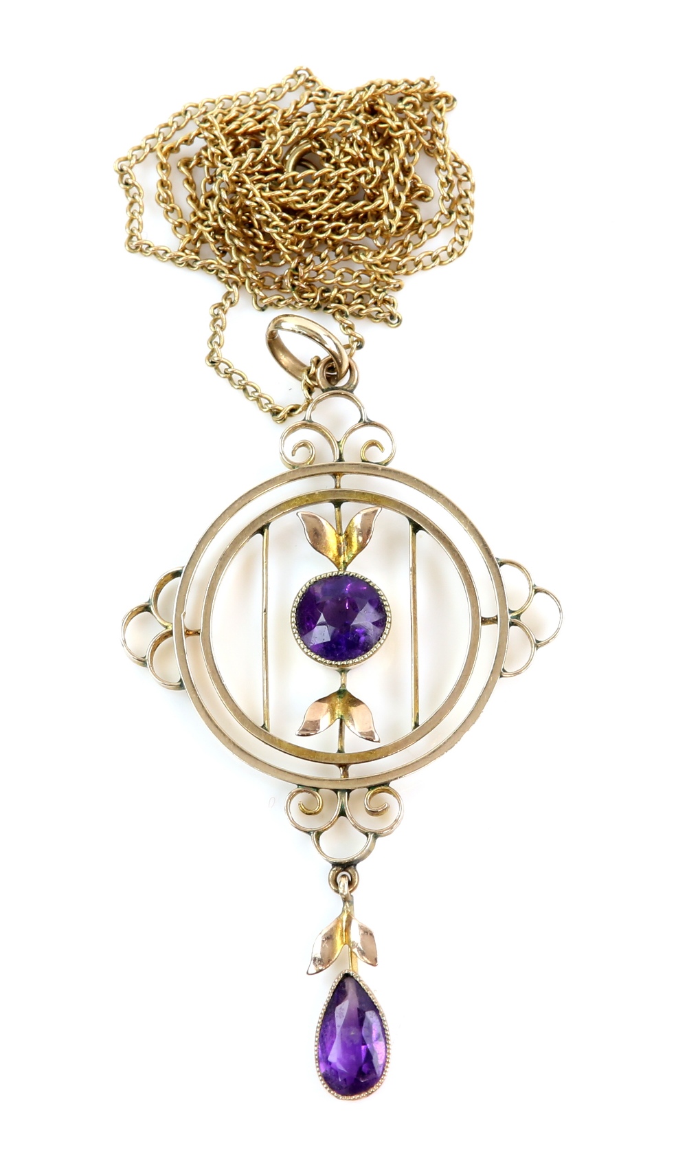 Edwardian amethyst pendant and chain, pendant stamped 9 ct, 5.3 x 2.9cm, curb link chain, testing as