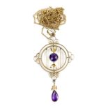 Edwardian amethyst pendant and chain, pendant stamped 9 ct, 5.3 x 2.9cm, curb link chain, testing as