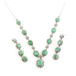 Oval cut emerald and white sapphires cluster necklace with matching drop earrings, both clasp and