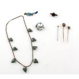 Mixed group of vintage jewellery, turquoise set heart fringe necklace, enamel parrot brooch,