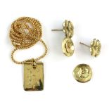 A mixed bag of gold items, monogram pendant on fancy link chain, a pair of floral stud earrings, all