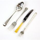 Cased silver two piece christening sets and an enamel Danish silver knife and fork.