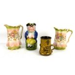 Various ceramics and glass to include Sylvac dog and a Mary Wondrausch mug (one shelf).