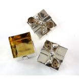 Pair of novelty silver salt and pepper cruets in the form of gift boxes/presents with ribbon and