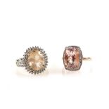 Two morganite rings; an oval cut morganite with a white stone cluster and set shoulders and a square