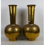 Two brass floor vases, a coal scuttle and a tray.