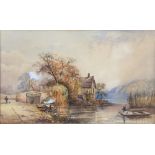 English School, 19th Century, river landscape with barge entering a canal and eel fisherman in the