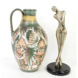 Austin silvered metal figure of a ballerina, 33 cm and a large Glynn College jug painted with