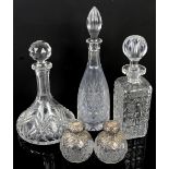 Quantity of glass decanters, some with stoppers, one with silver collar and silver mounted perfume