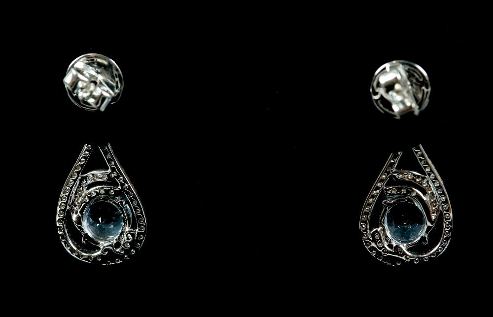 A pair of aquamarine and diamond drop earrings, mounted in 18 ct white gold, with post and butterfly - Image 4 of 4