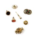 A group of antique jewellery, a button brooch with enamel paste and small rose cut diamonds